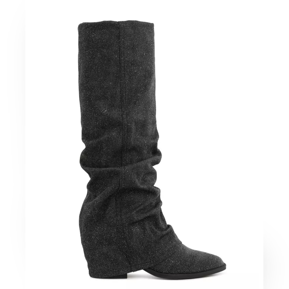 Womens Black Glitter Slouch Knee-High Heeled Boots